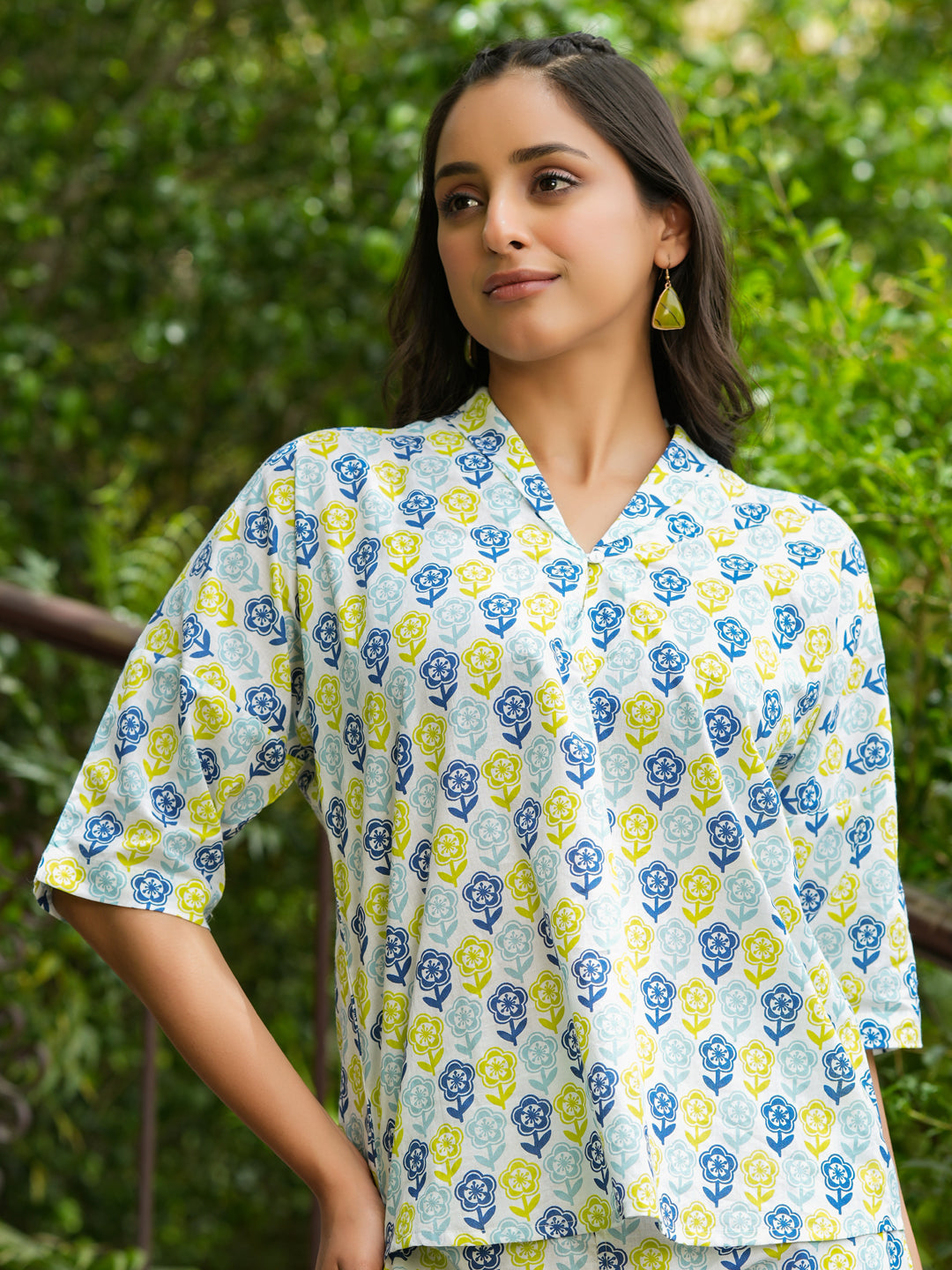 Off -White Ethnic Motif Print V-Neck Pure Cotton Night Suit For Women