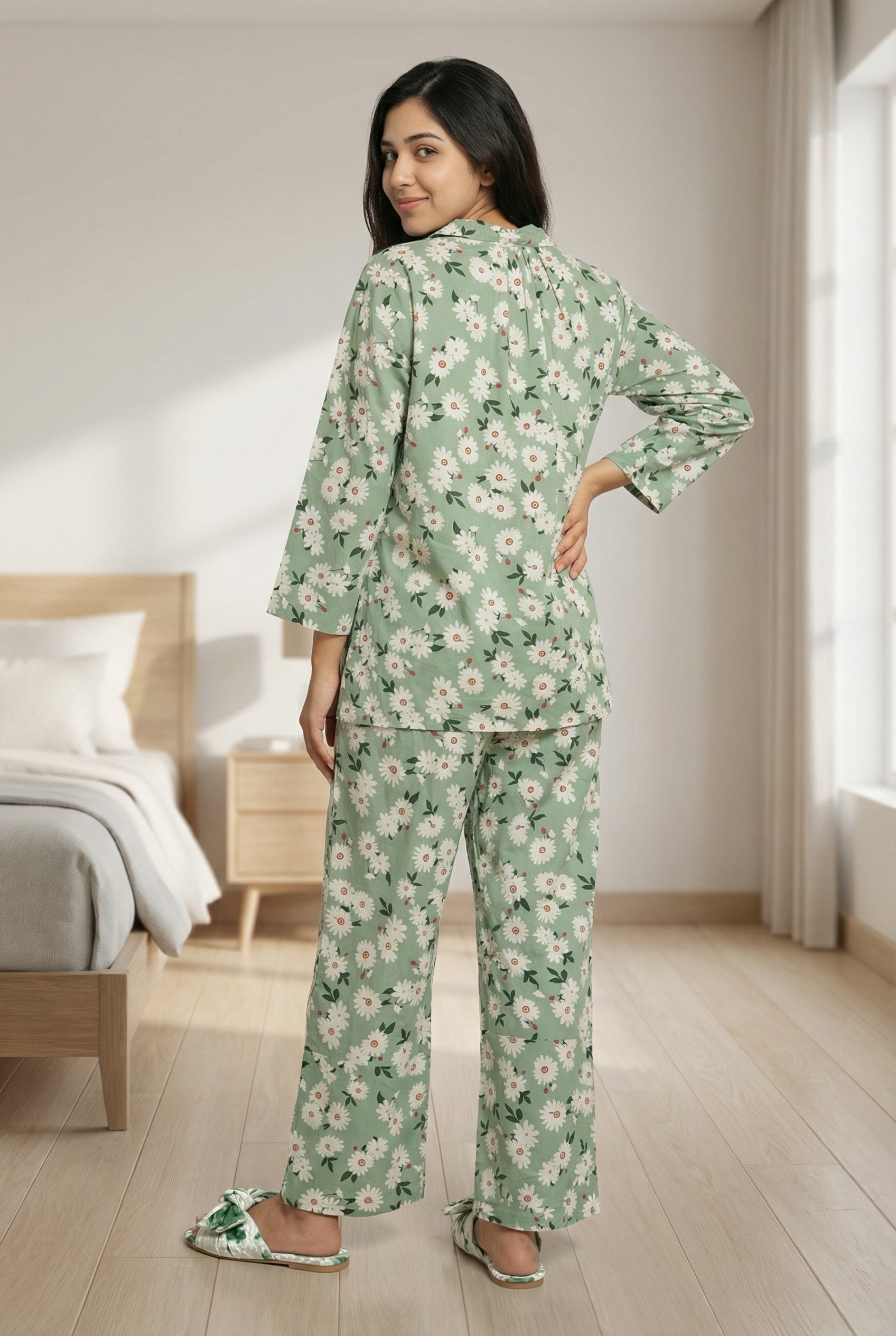 Green & White Floral Print Shirt Collar Pure Cotton Night Suit For Women