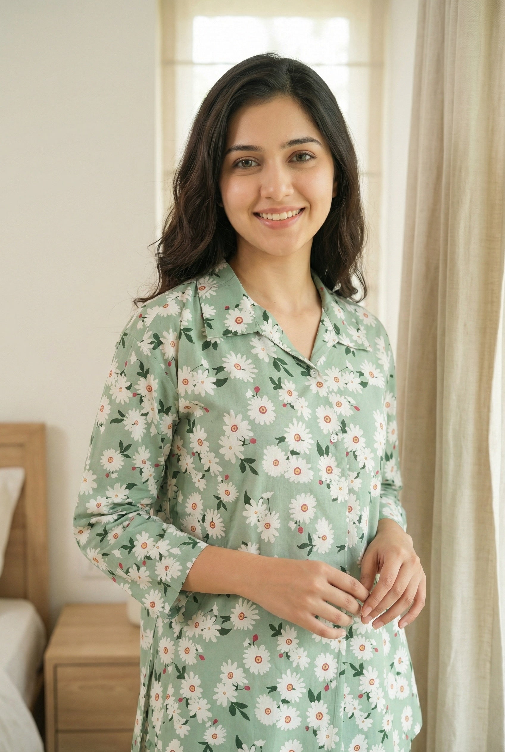 Green & White Floral Print Shirt Collar Pure Cotton Night Suit For Women