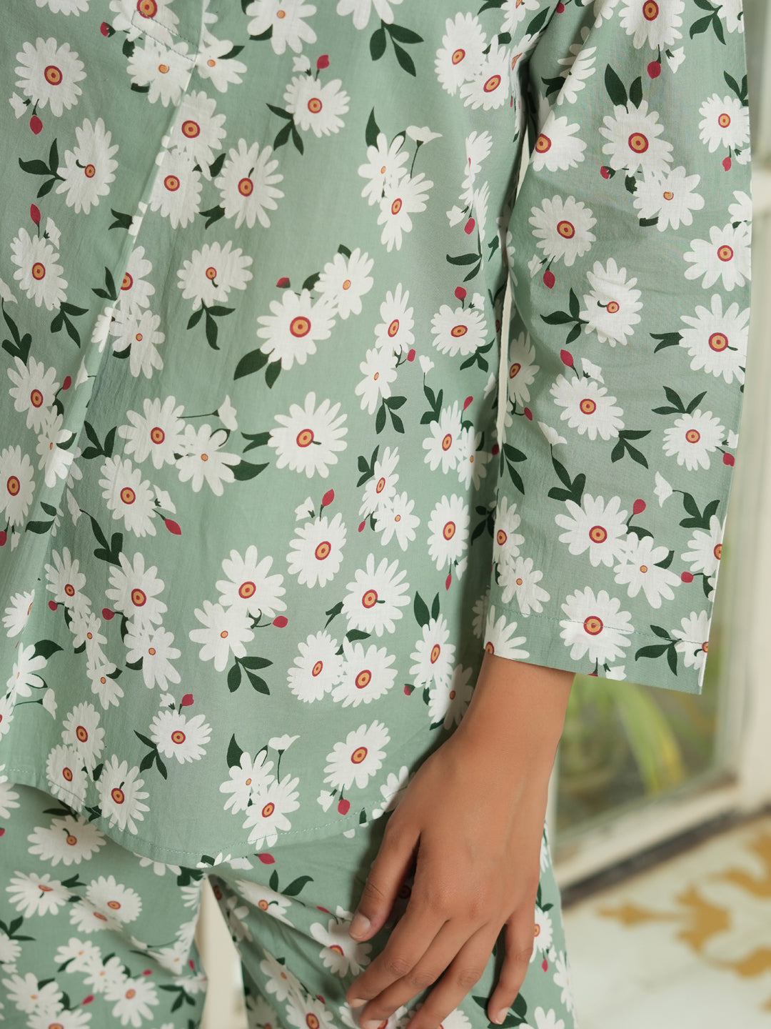 Green Floral Printed Cotton Night Suit Set