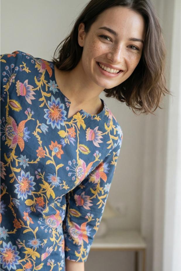 Blue V-Neck Floral Print Pure Cotton Night Suit Set For Women