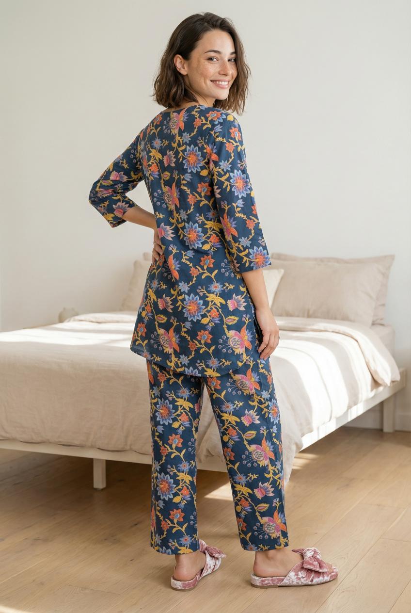 Blue V-Neck Floral Print Pure Cotton Night Suit Set For Women