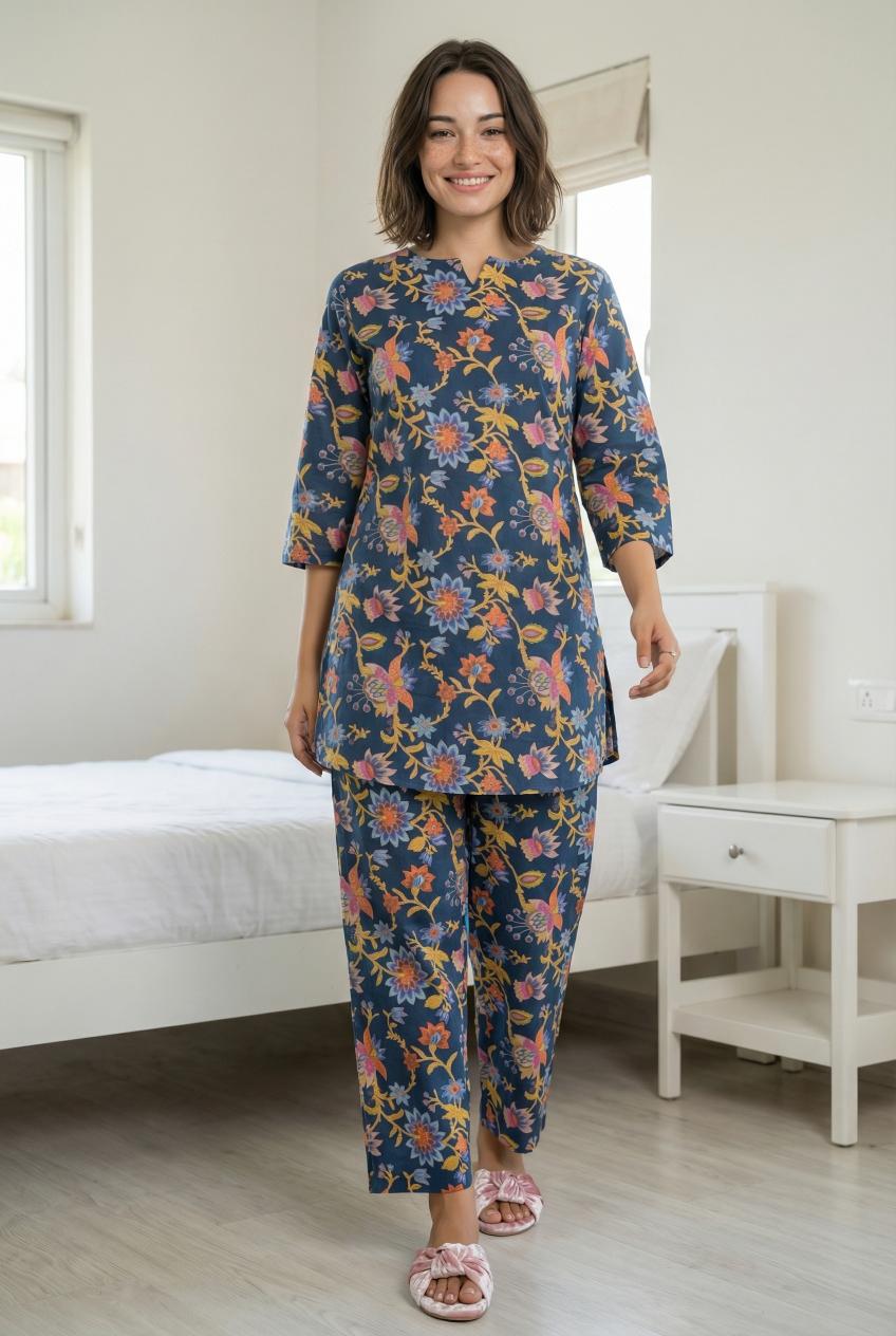Blue V-Neck Floral Print Pure Cotton Night Suit Set For Women