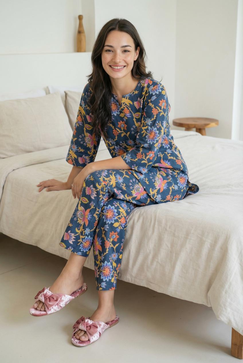 Blue V-Neck Floral Print Pure Cotton Night Suit Set For Women