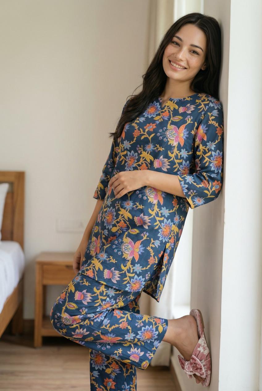 Blue V-Neck Floral Print Pure Cotton Night Suit Set For Women