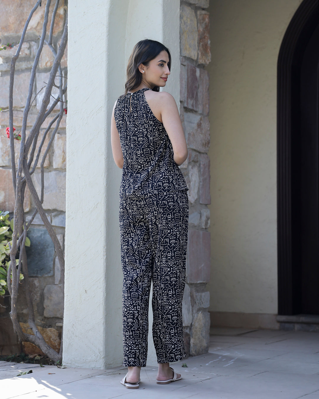 Women's Viscose Rayon Black Geometric Night Suits