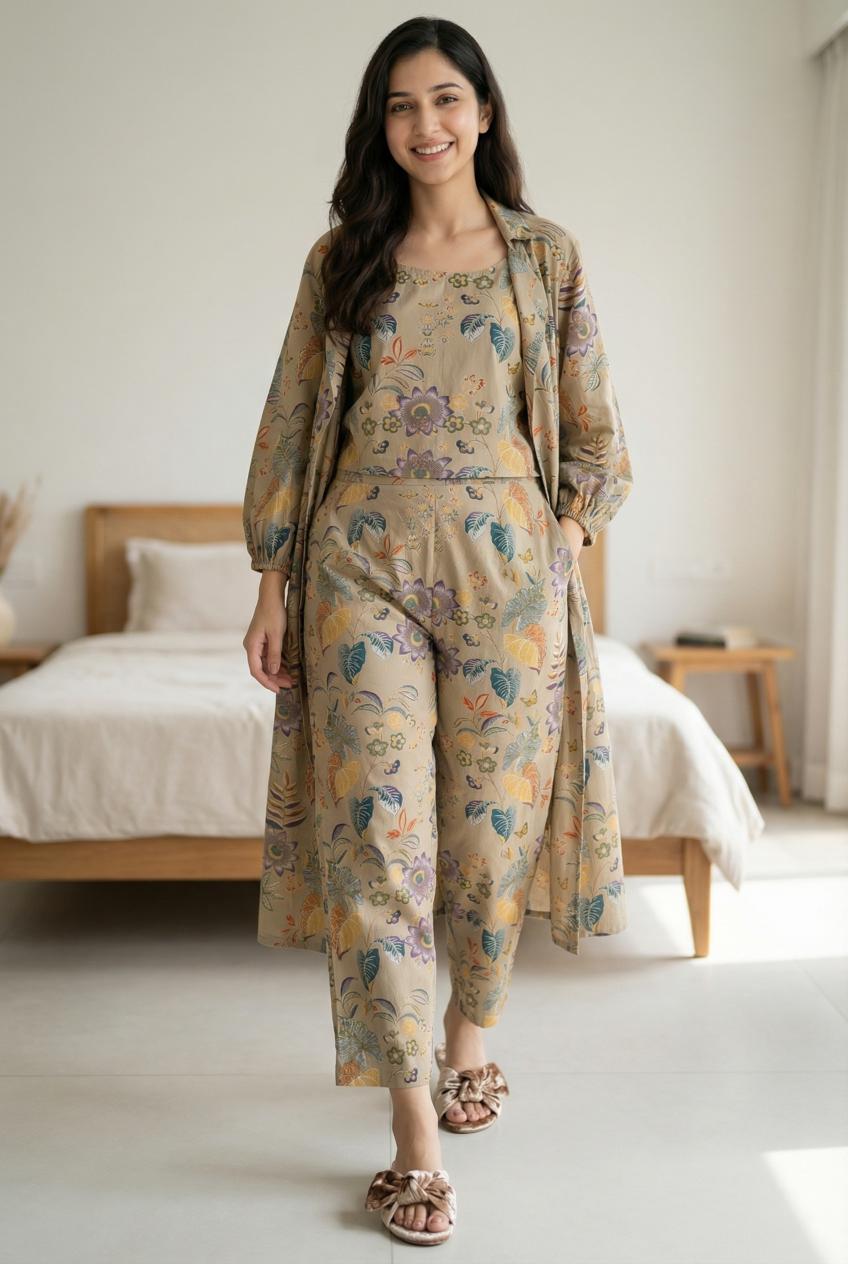 Beige Floral Print Three Piece Pure Cotton Night Suit Set For Women