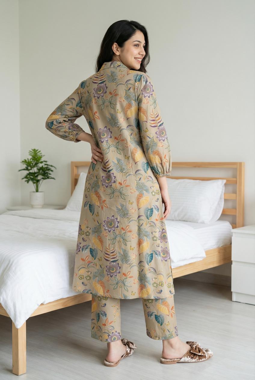 Beige Floral Print Three Piece Pure Cotton Night Suit Set For Women