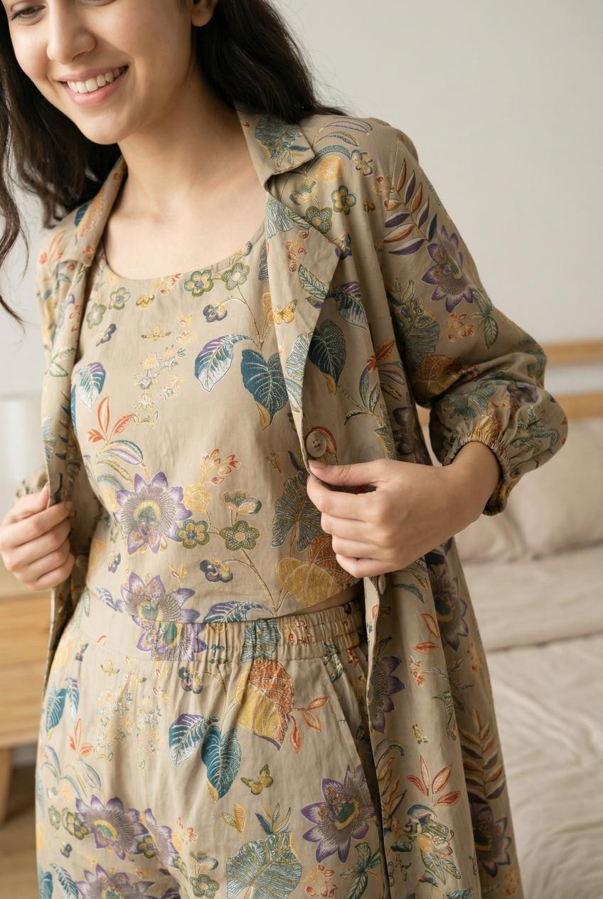 Beige Floral Print Three Piece Pure Cotton Night Suit Set For Women