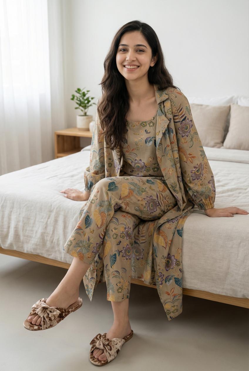 Beige Floral Print Three Piece Pure Cotton Night Suit Set For Women