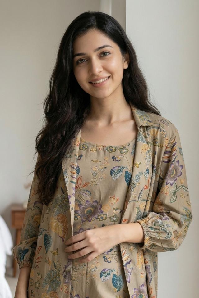 Beige Floral Print Three Piece Pure Cotton Night Suit Set for Women