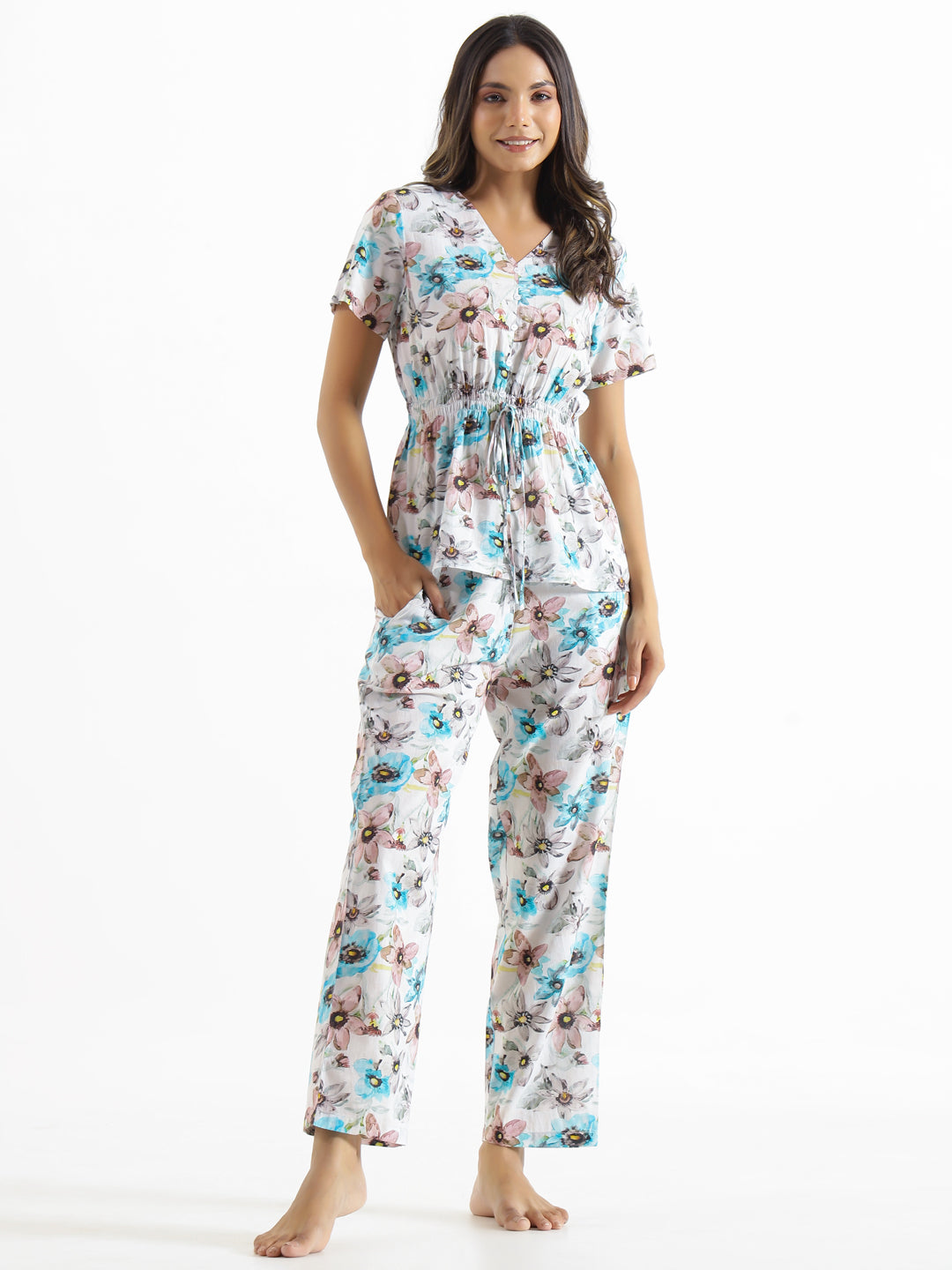 Floral Clinched Waist Cotton Night Suit