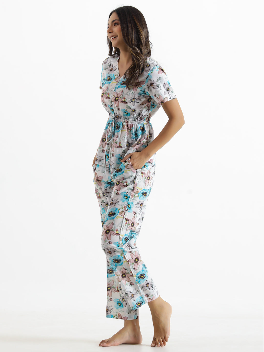 Floral Clinched Waist Cotton Night Suit