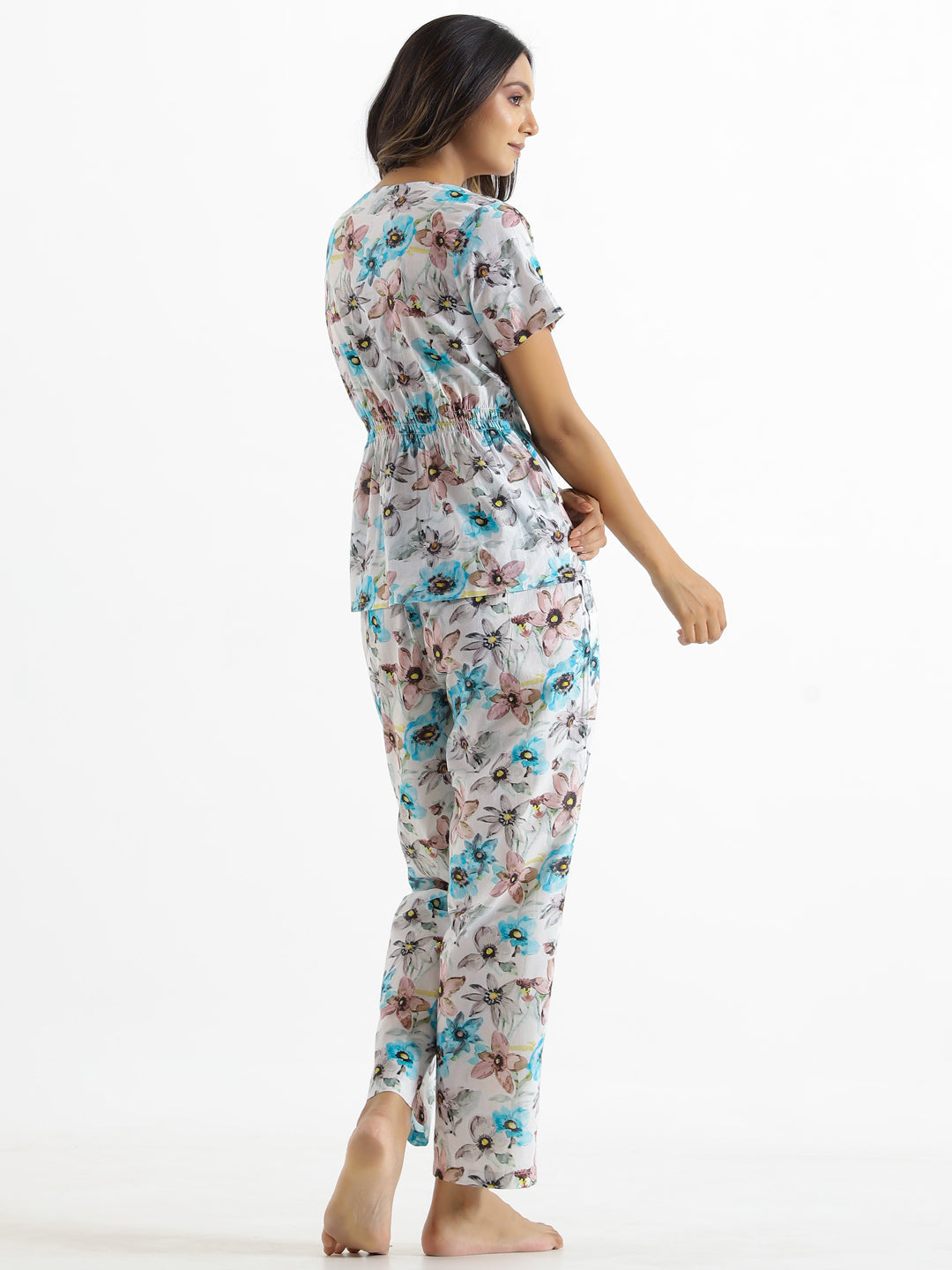 Floral Clinched Waist Cotton Night Suit