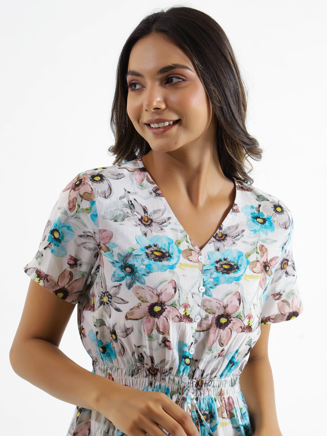 Floral Clinched Waist Cotton Night Suit