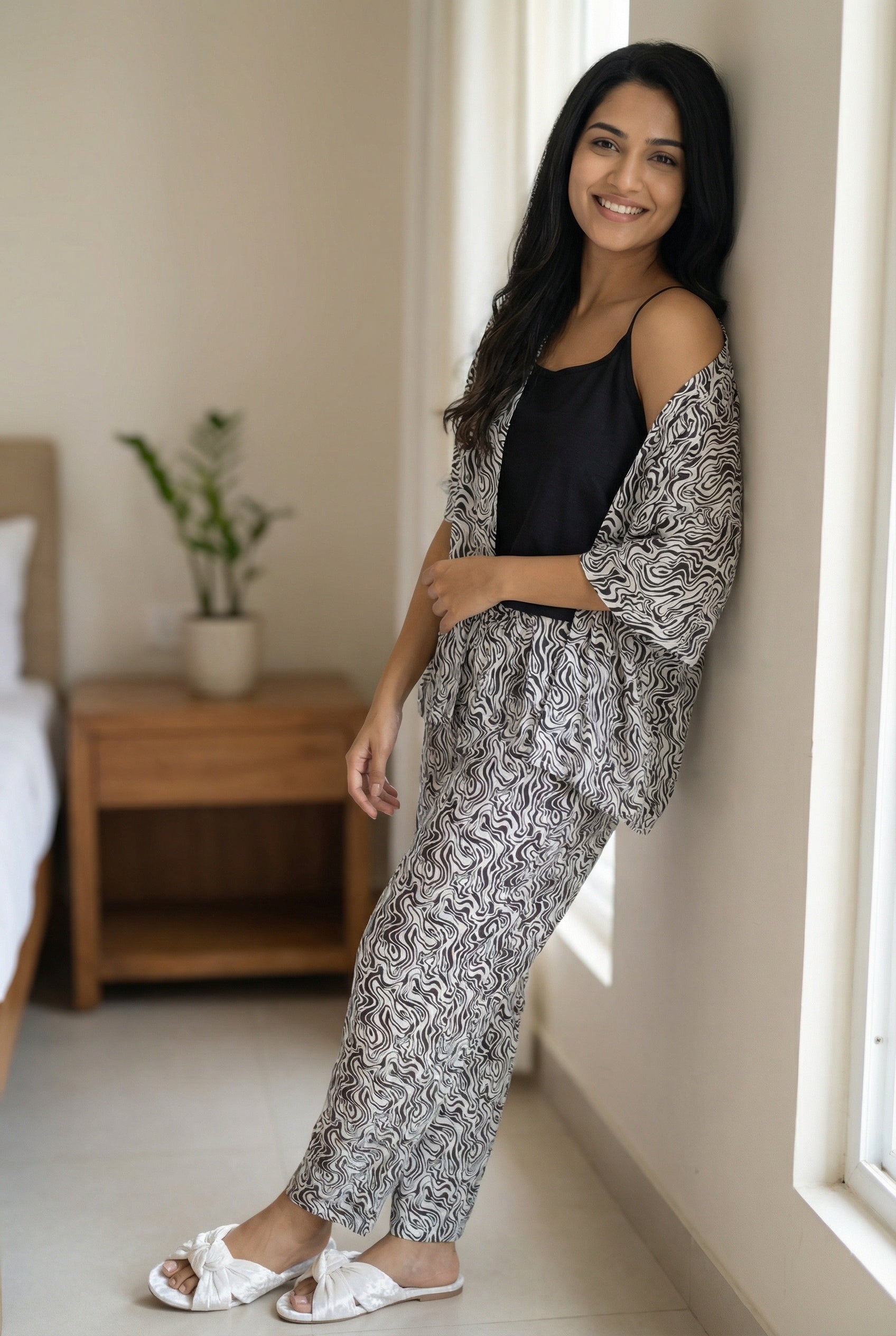 White Abstract Print V-Neck Pure Cotton Night Suit For Women