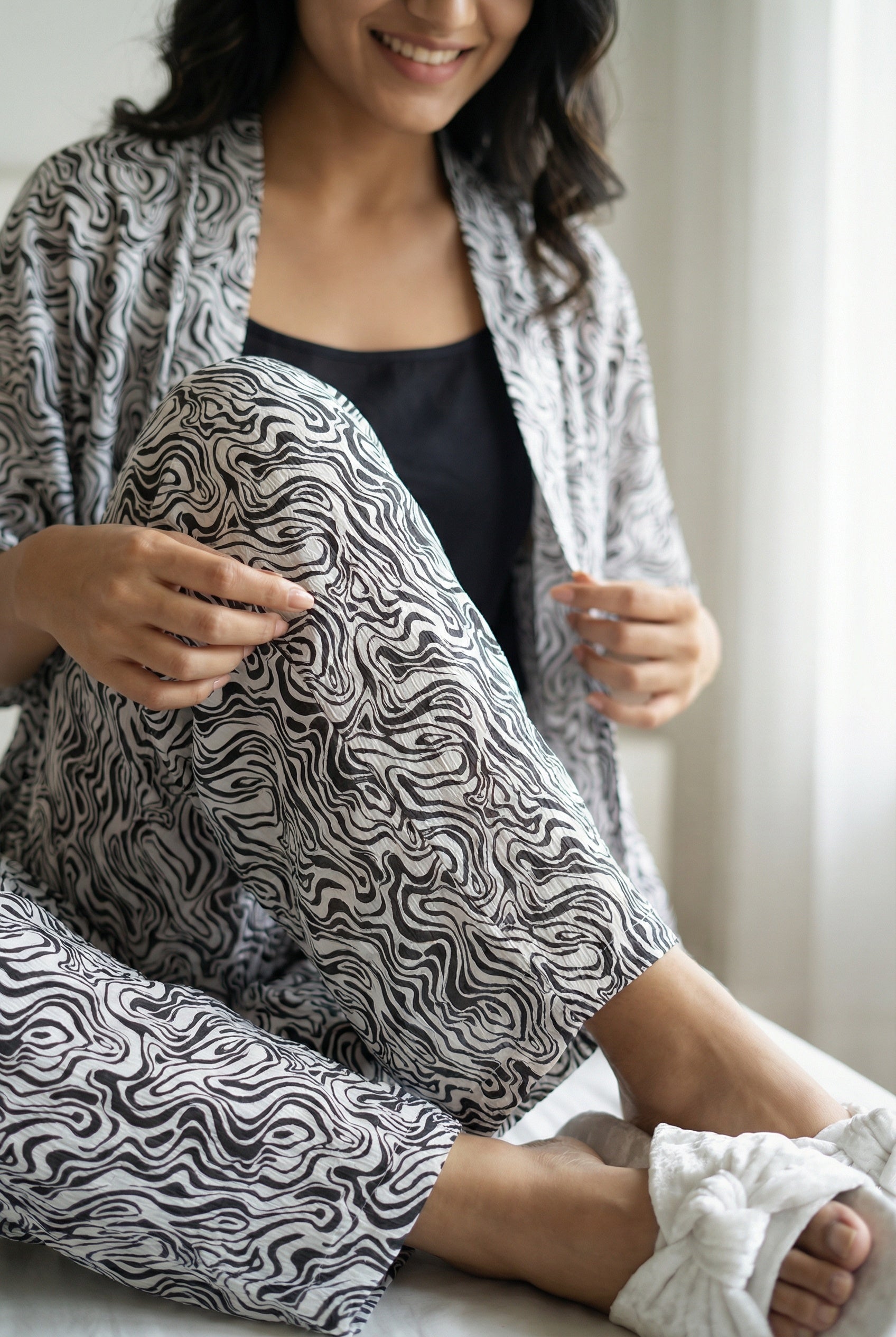 White Abstract Print V-Neck Pure Cotton Night Suit For Women