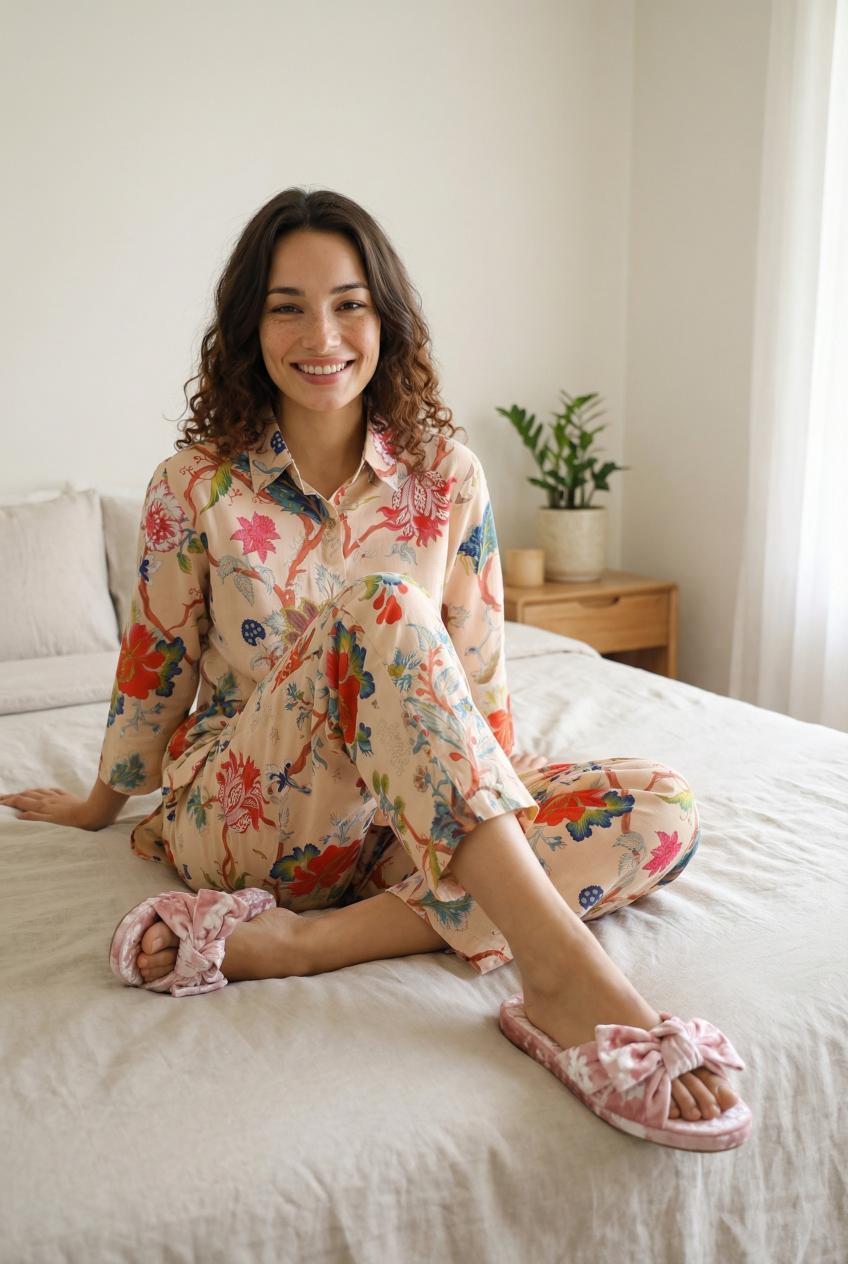 Peach Floral Print Shirt Collar Pure Cotton Night Suit For Women