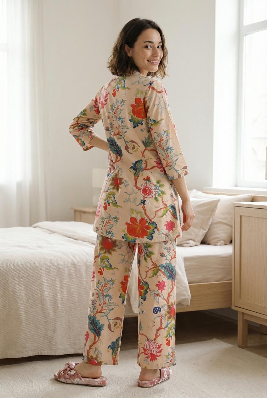 Peach Floral Print Shirt Collar Pure Cotton Night Suit For Women