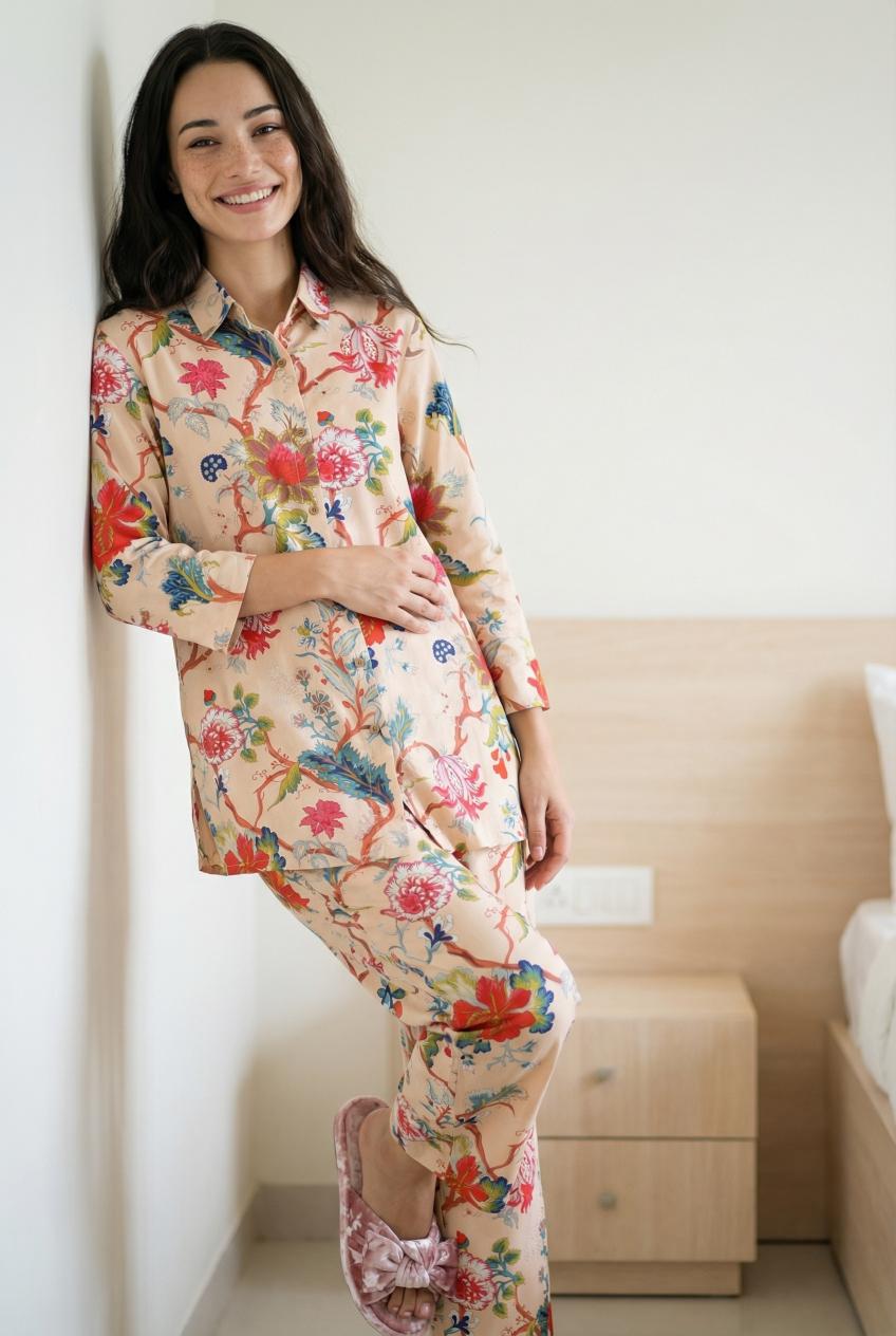 Peach Floral Print Shirt Collar Pure Cotton Night Suit For Women
