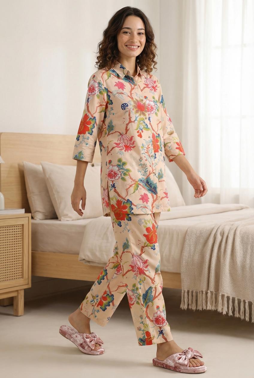 Peach Floral Print Shirt Collar Pure Cotton Night Suit For Women