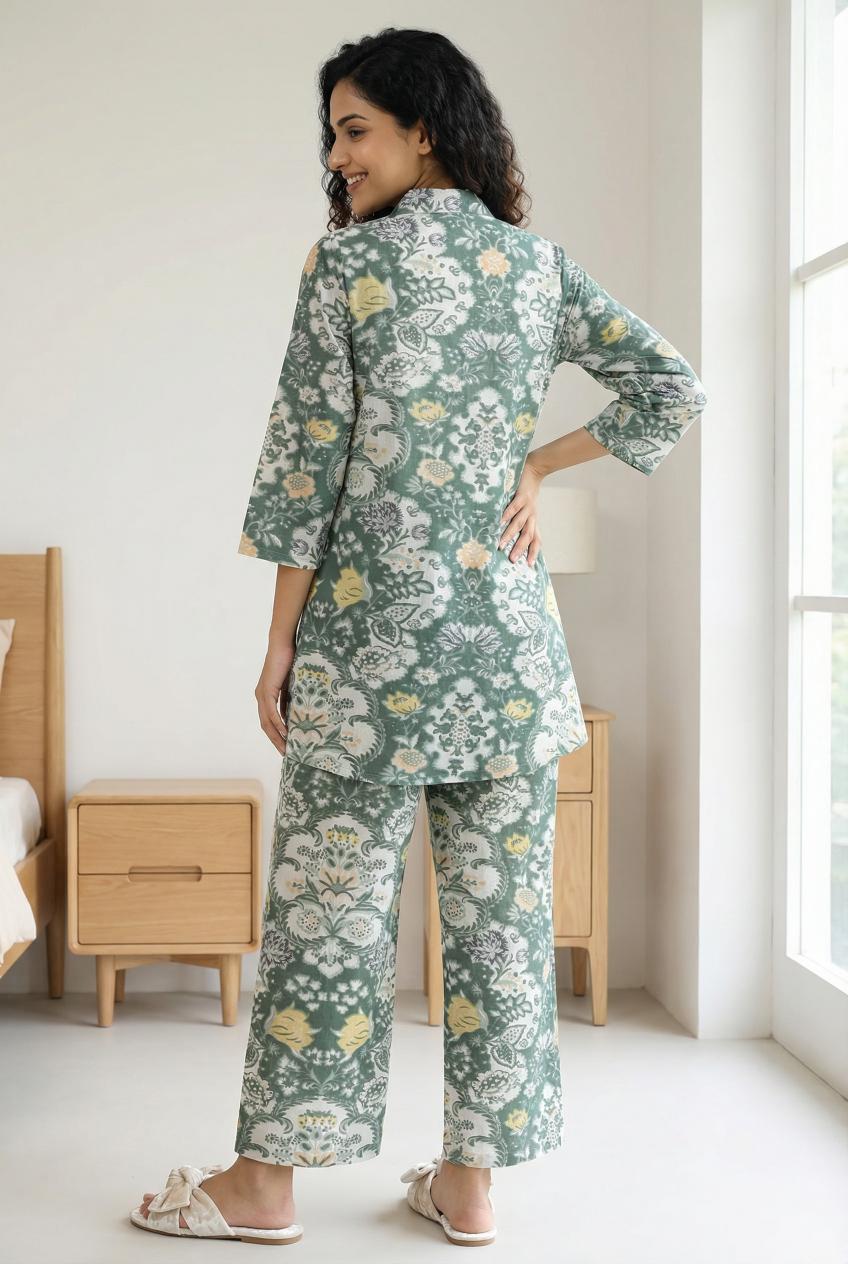 Green Floral Print Shirt Collar Pure Cotton Night Suit For Women