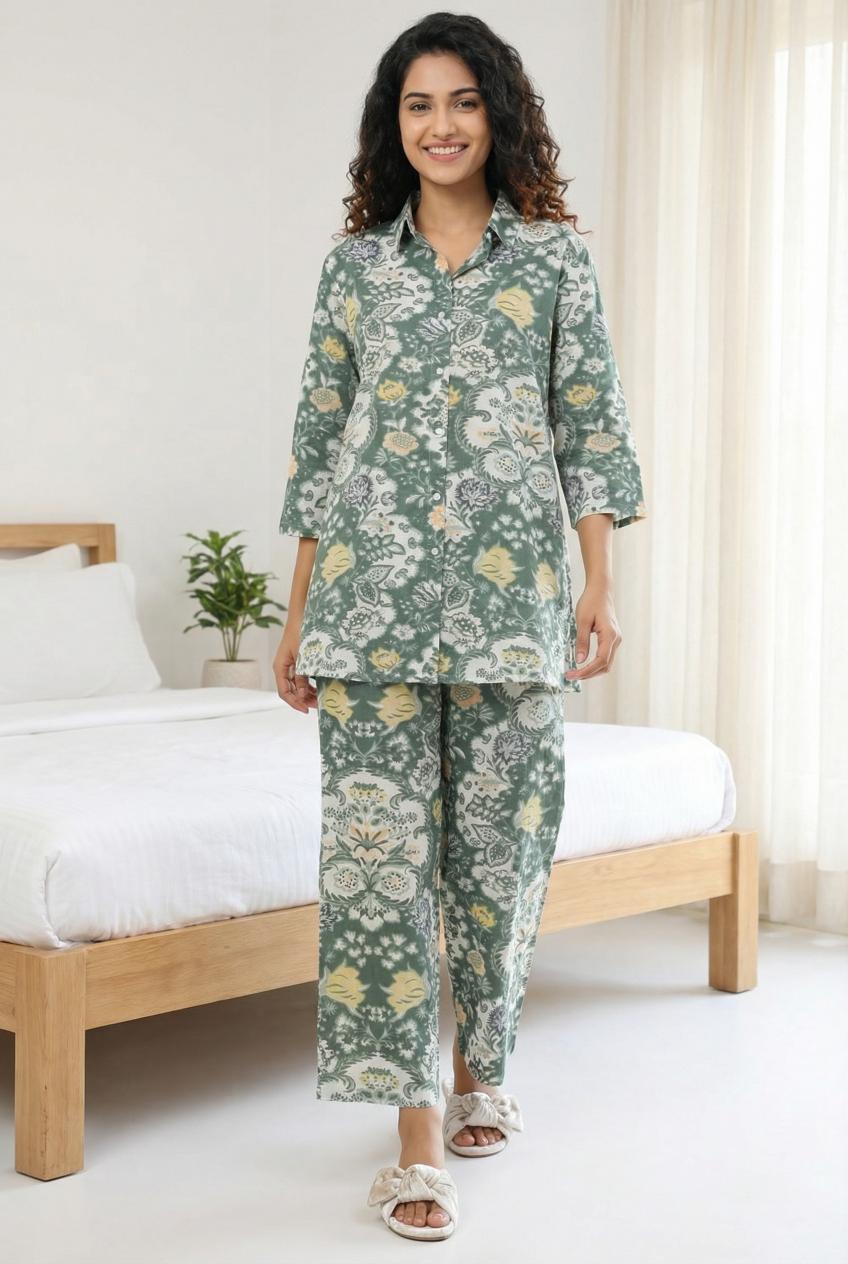 Green Floral Print Shirt Collar Pure Cotton Night Suit For Women