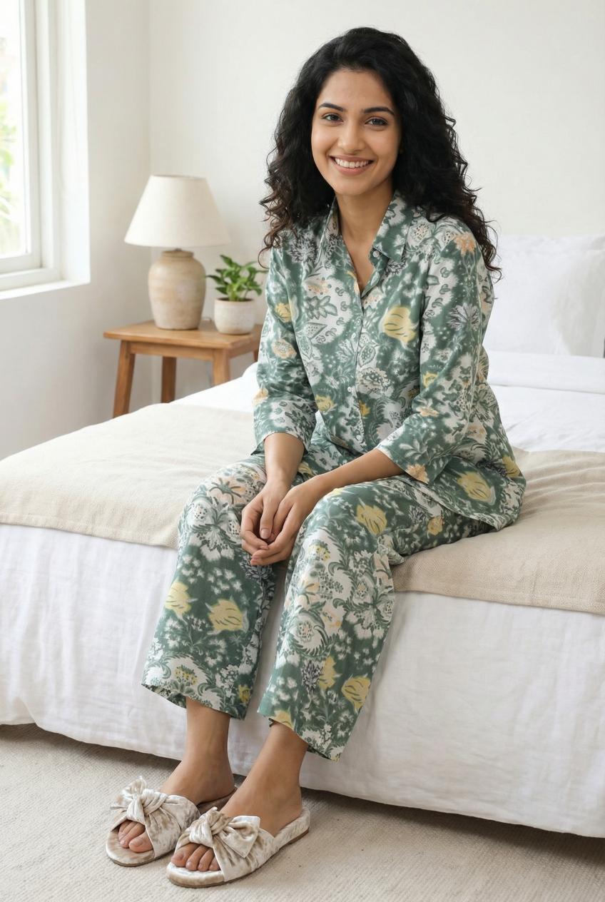 Green Floral Print Shirt Collar Pure Cotton Night Suit For Women