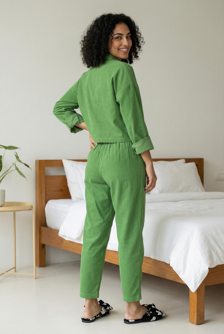 Green Lapel Collar Shirt With Trousers Cotton Blend Night Suit Set For Women