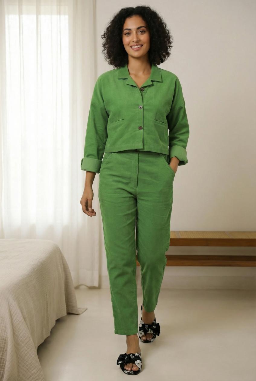 Green Lapel Collar Shirt With Trousers Cotton Blend Night Suit Set For Women