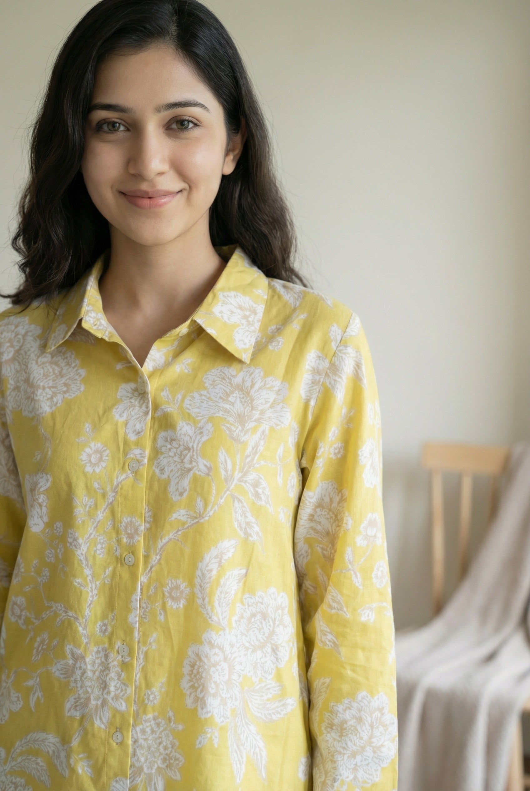 Yellow Floral Print Shirt Collar Night Suit For Women