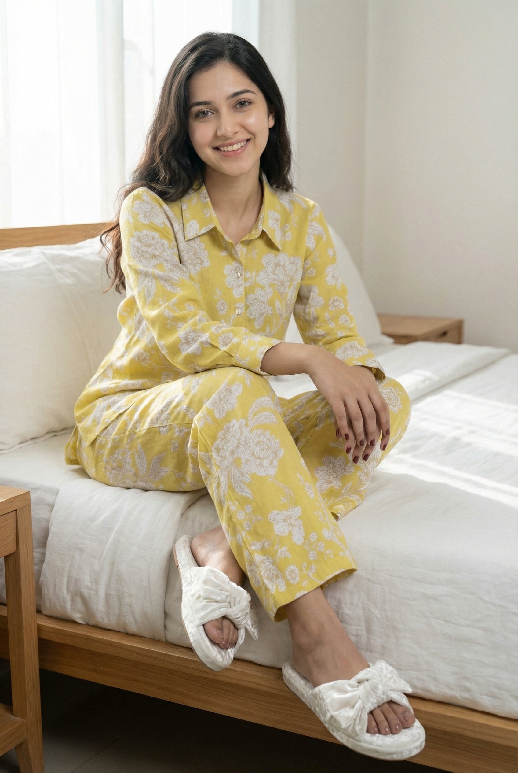 Yellow Floral Print Shirt Collar Night Suit For Women