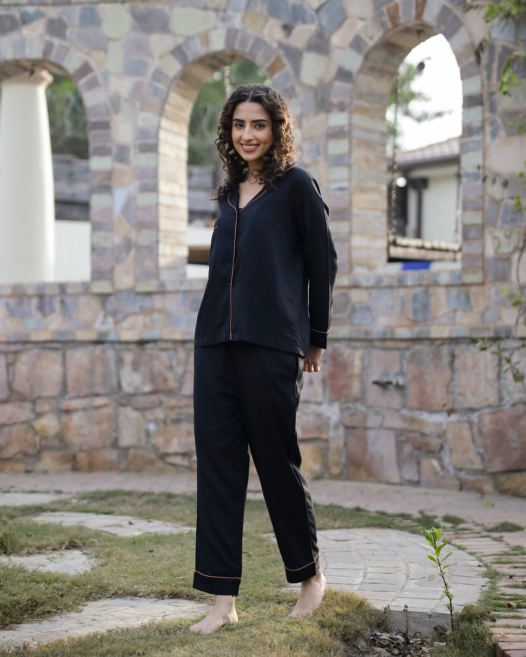 Collared Black Night Suit Set 3 Piece