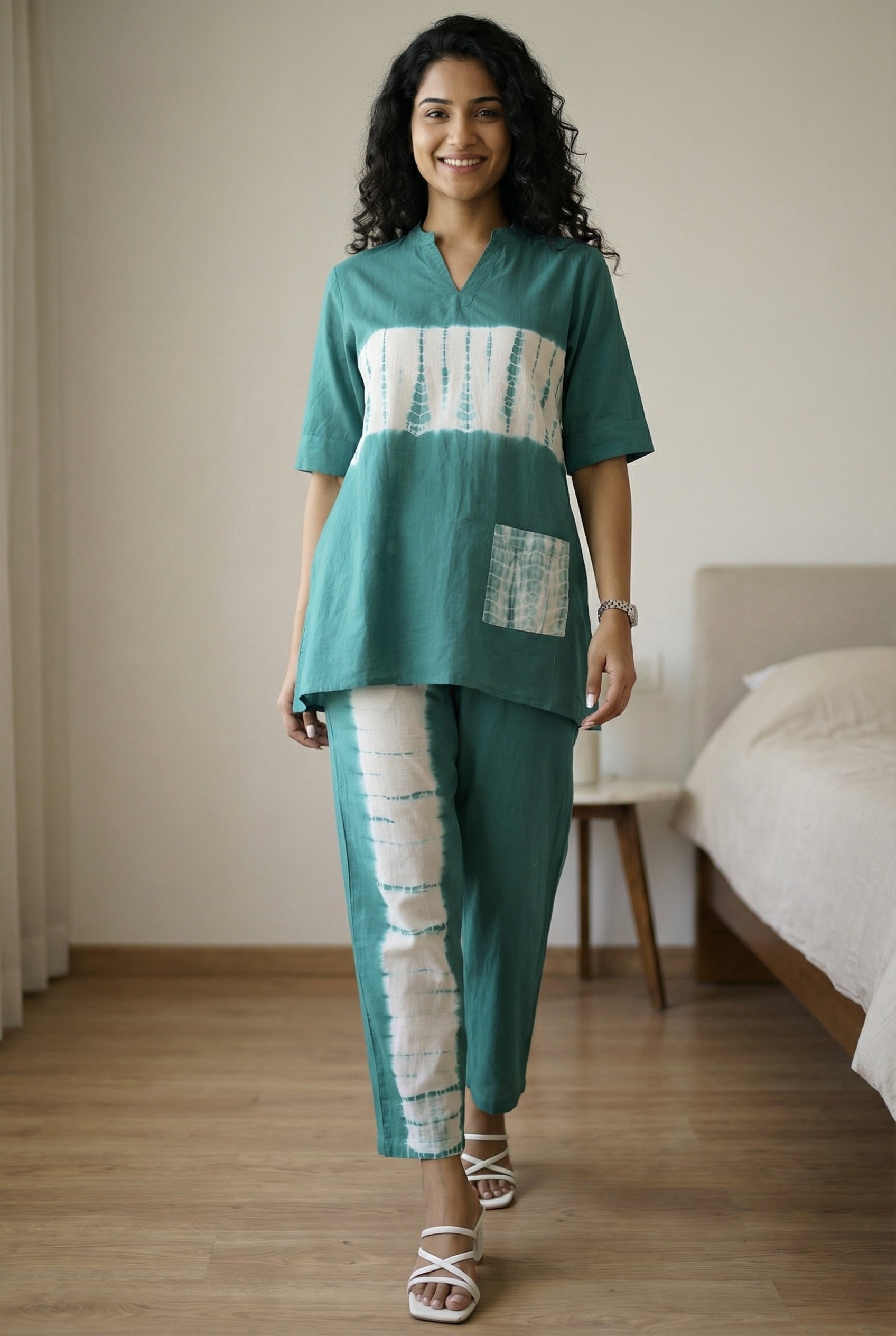 Green Tie and Die V-Neck Pure Cotton Night Suit For Women