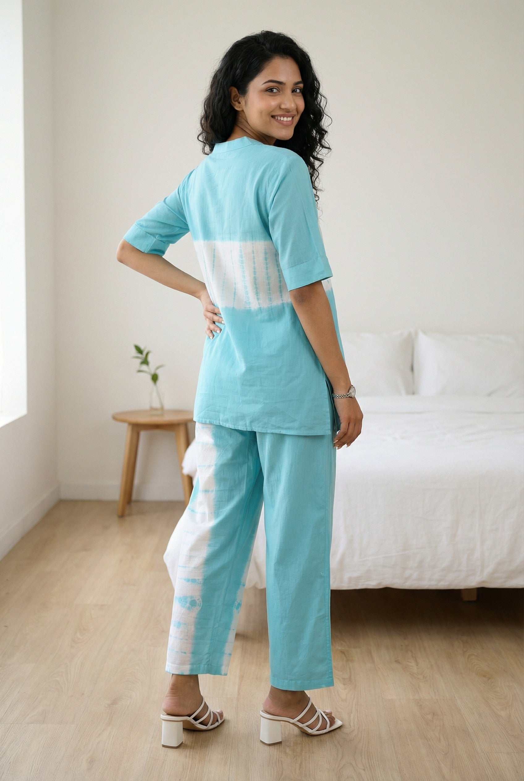 Blue Tie and Die V-Neck Pure Cotton Night Suit For Women