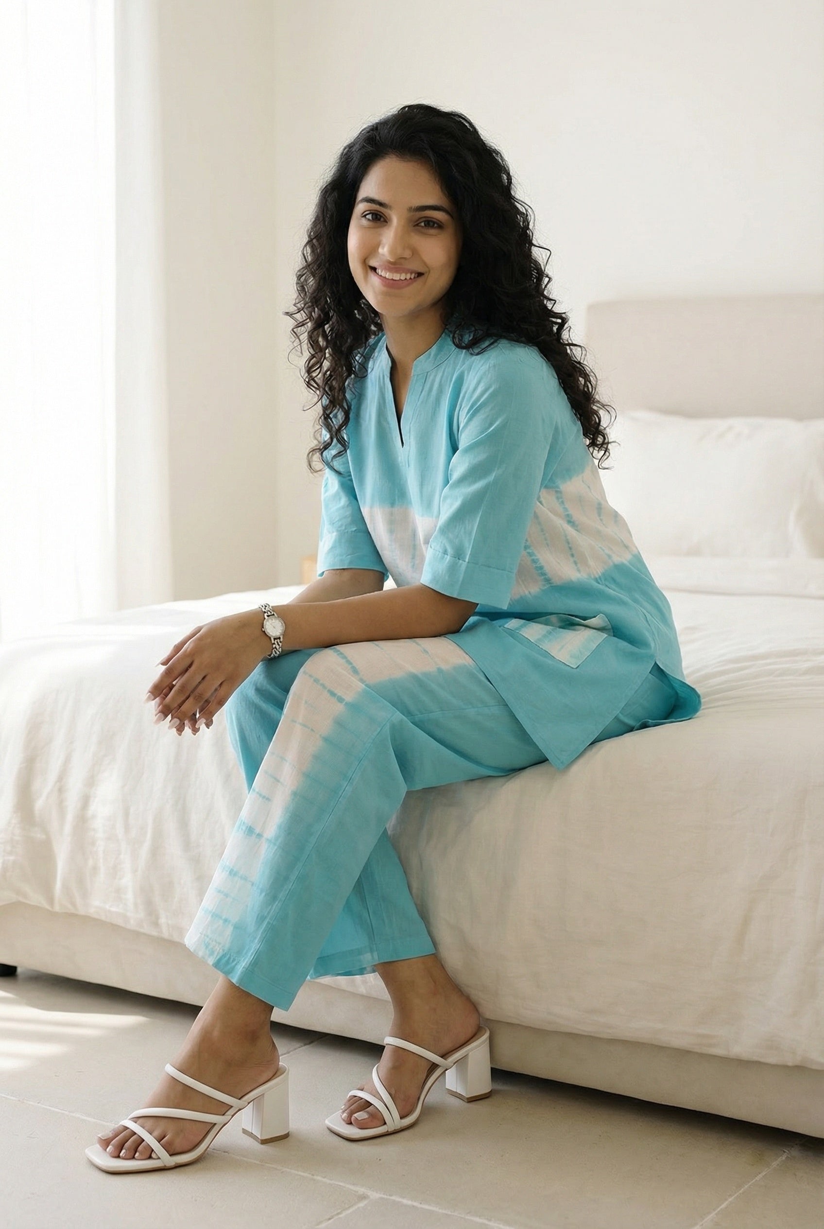 Blue Tie and Die V-Neck Pure Cotton Night Suit For Women
