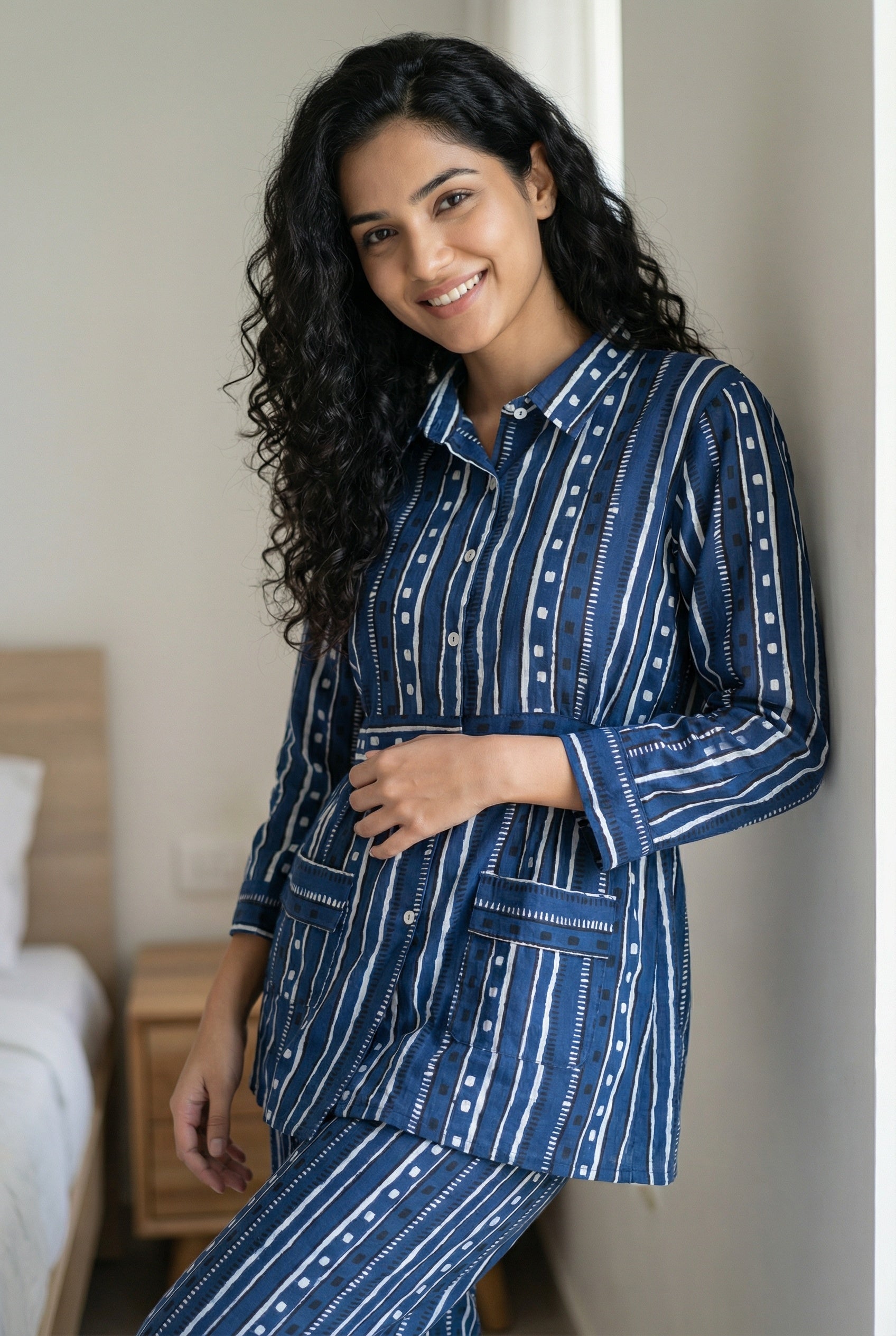 Navy Blue Striped Print Shirt Collar Pure Cotton Night Suit For Women