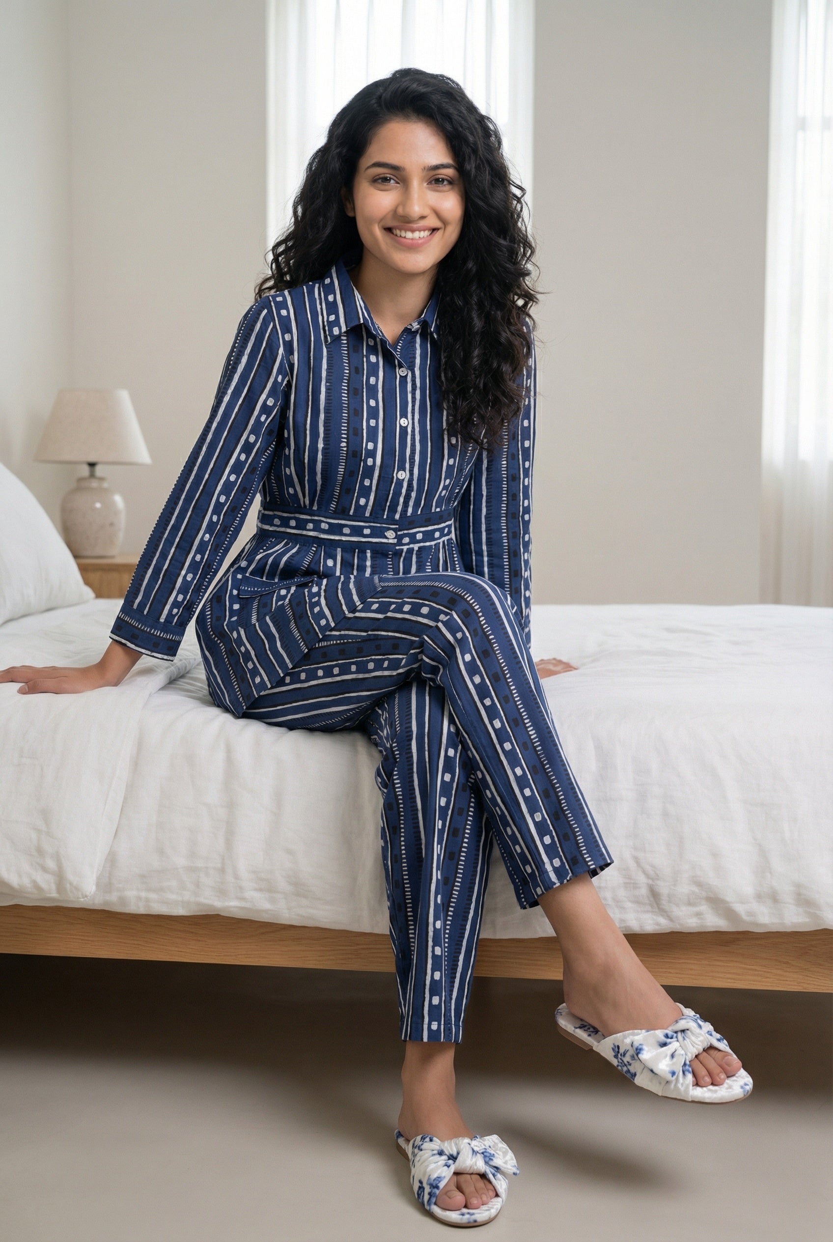 Navy Blue Striped Print Shirt Collar Pure Cotton Night Suit For Women