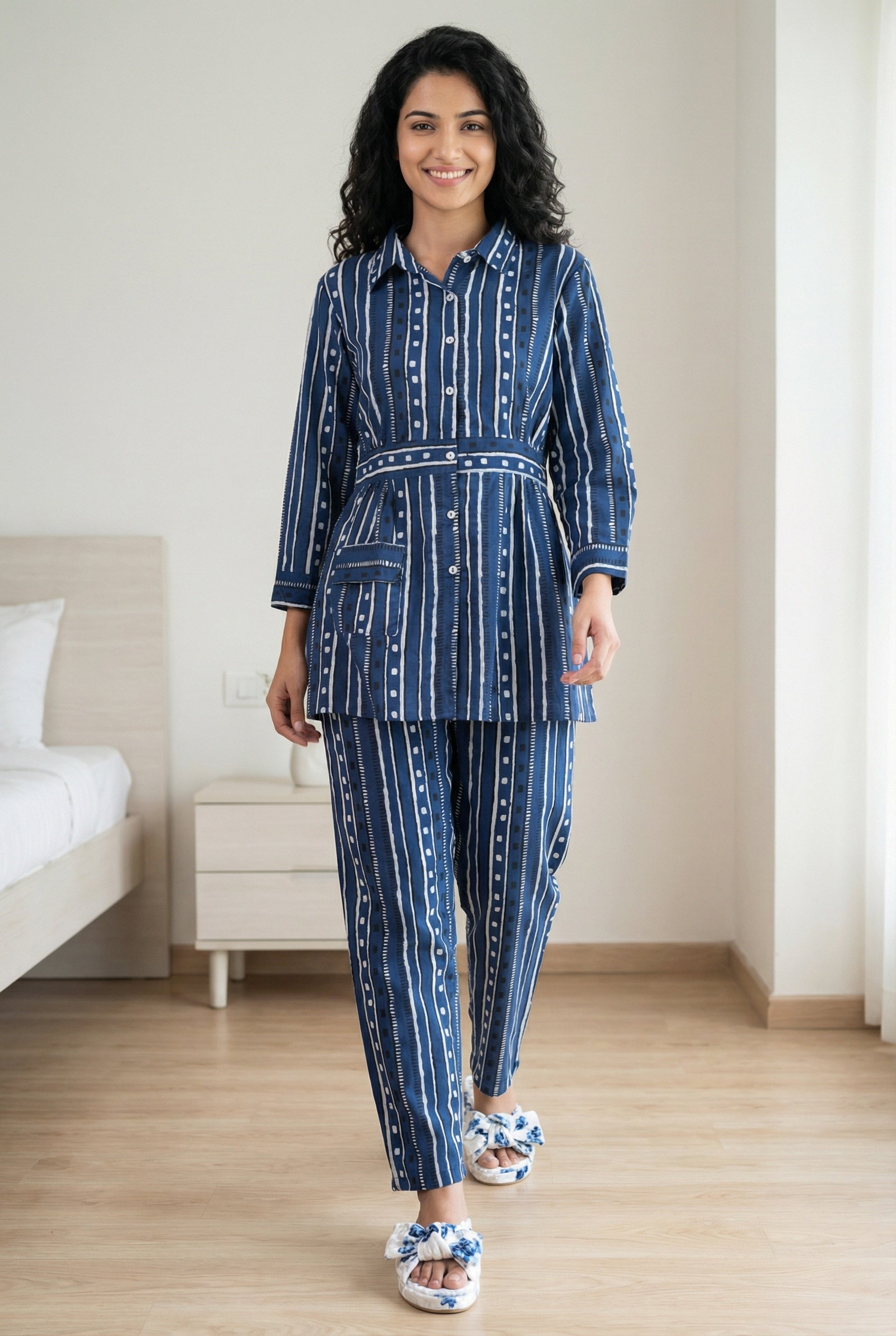 Navy Blue Striped Print Shirt Collar Pure Cotton Night Suit For Women