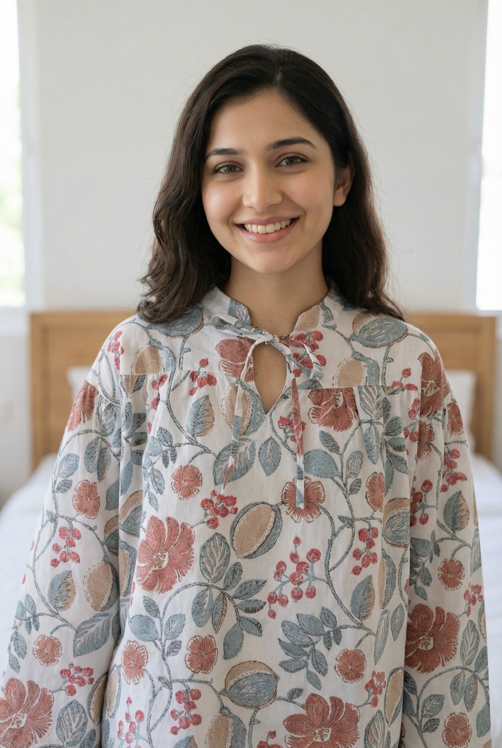 White Floral Print Round Neck Pure Cotton Night Suit For Women