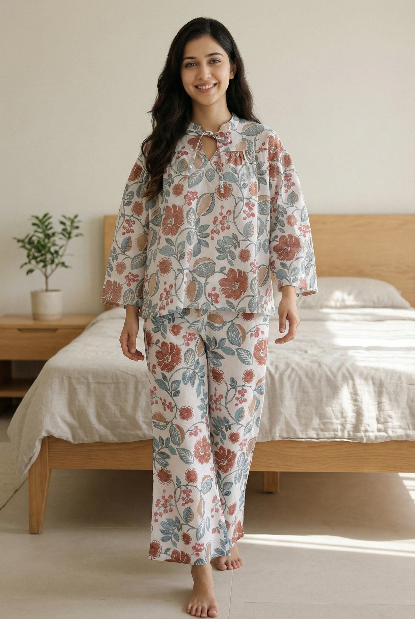 White Floral Print Round Neck Pure Cotton Night Suit For Women