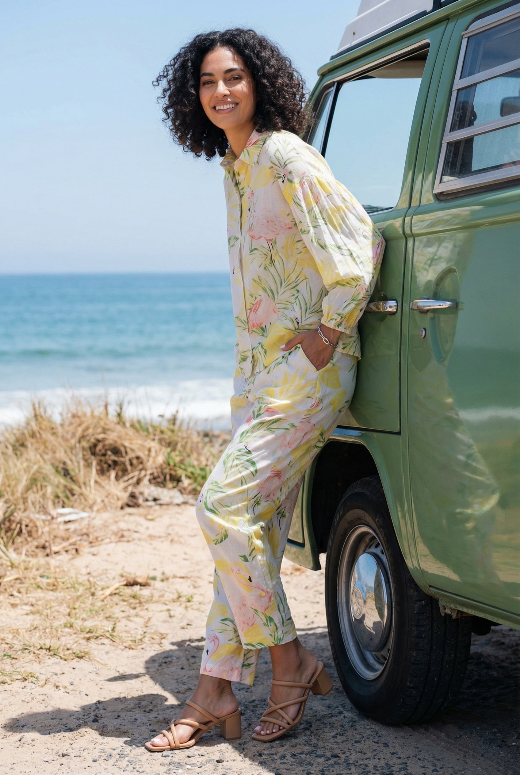 Yellow Floral Print Shirt Collar Pure Cotton Night Suit For Women