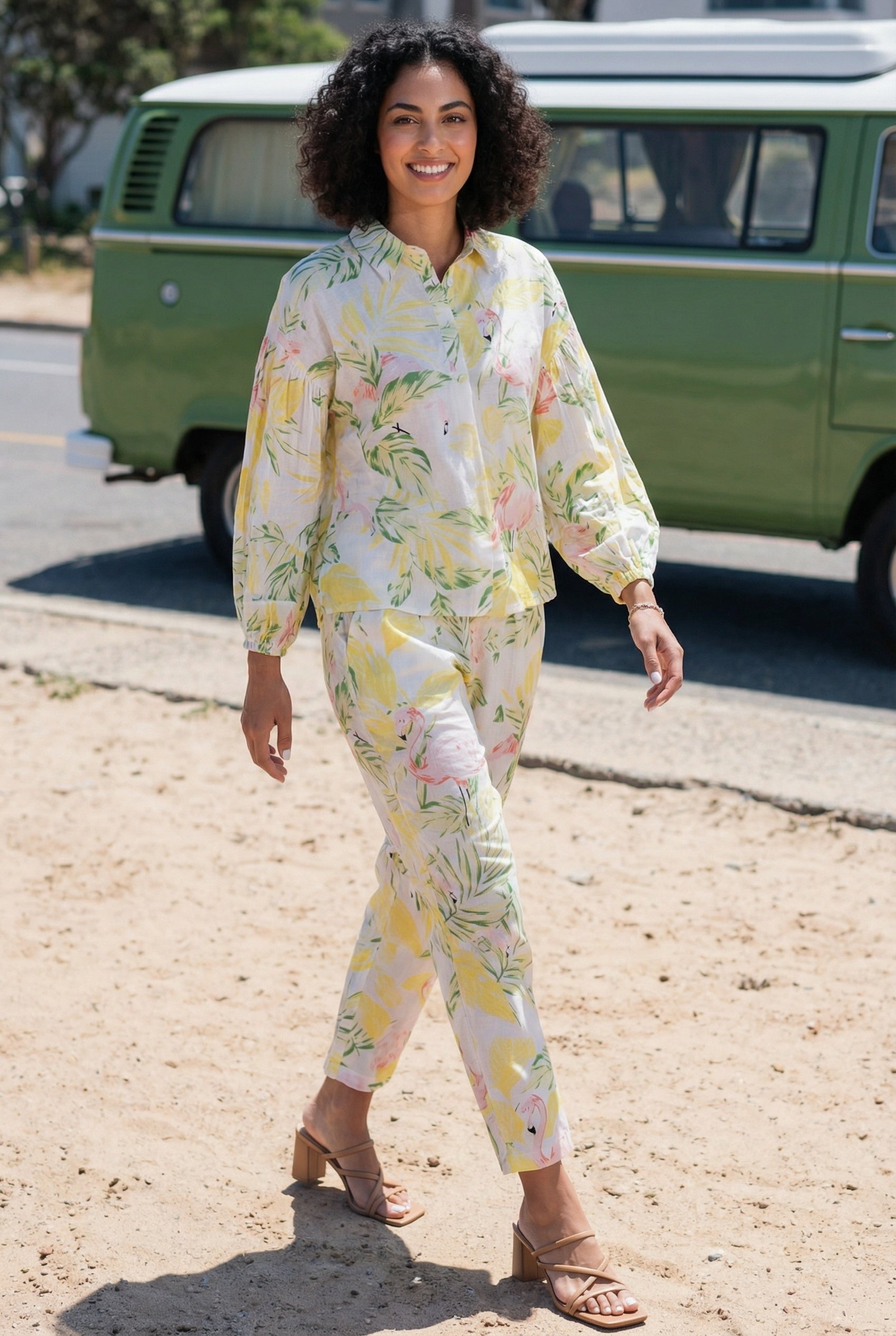Yellow Floral Print Shirt Collar Pure Cotton Night Suit For Women