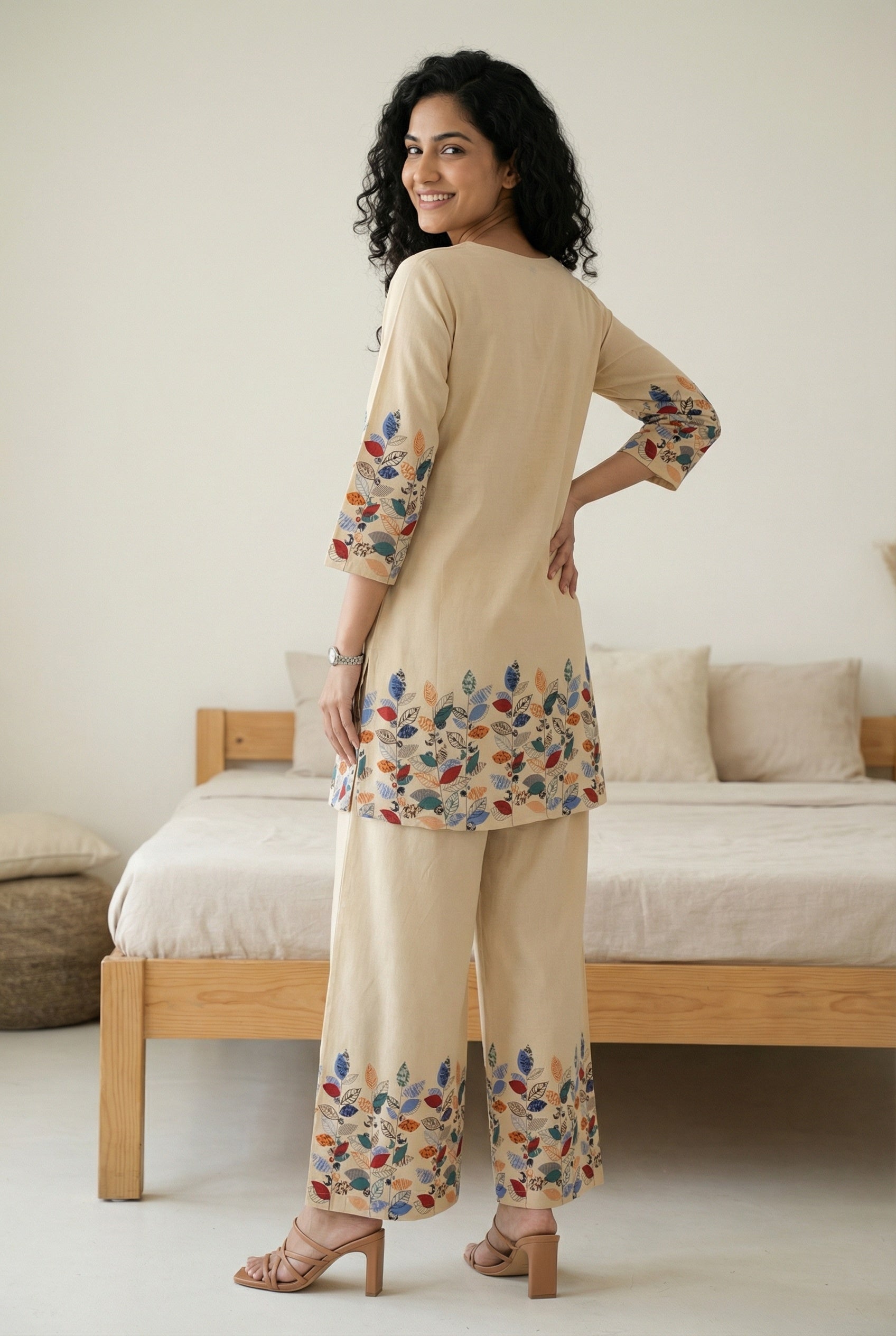 Off White Leaf Print Round Neck Pure Cotton Night Suit For Women