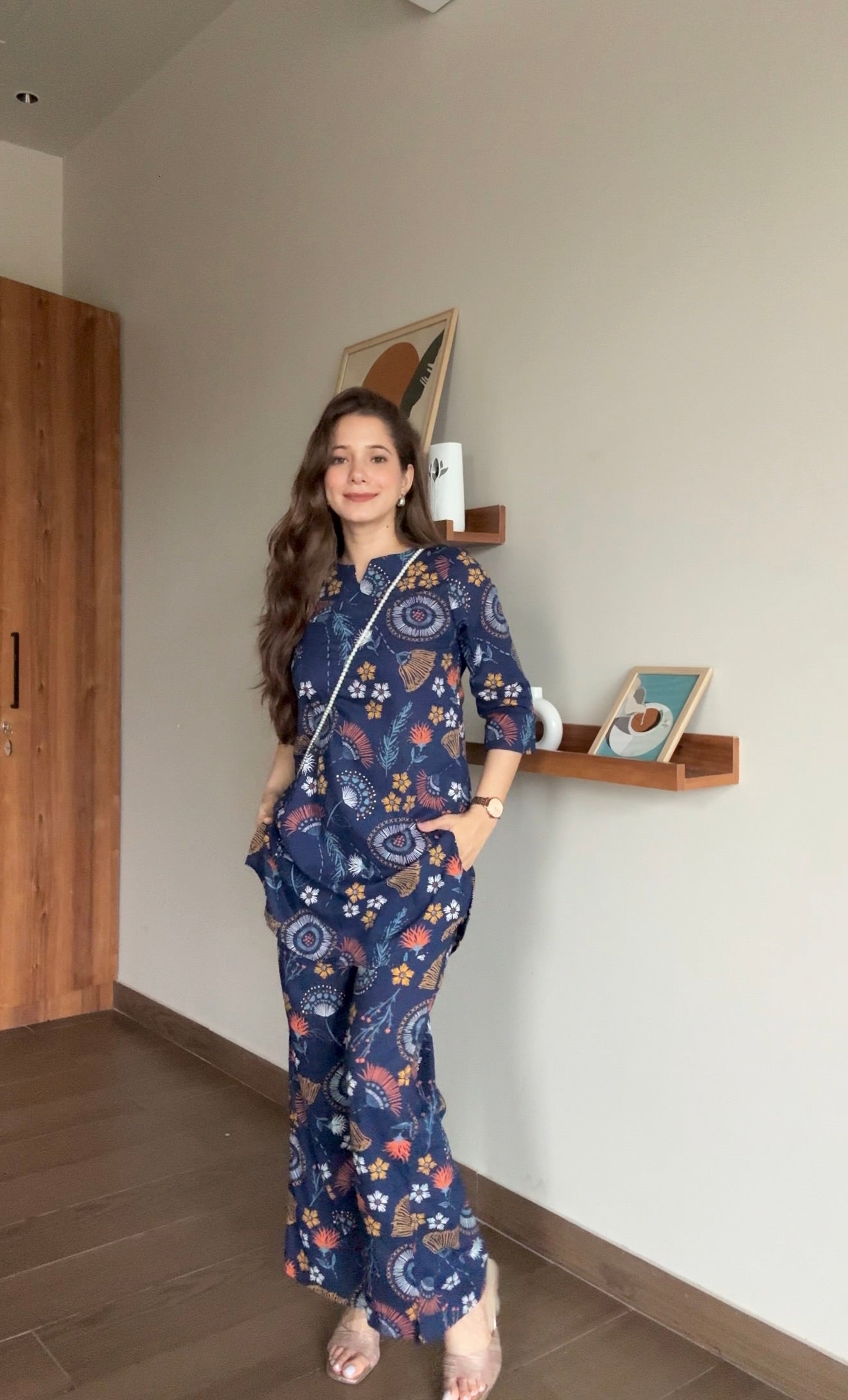Women Blue Cotton Printed Night Suit Set