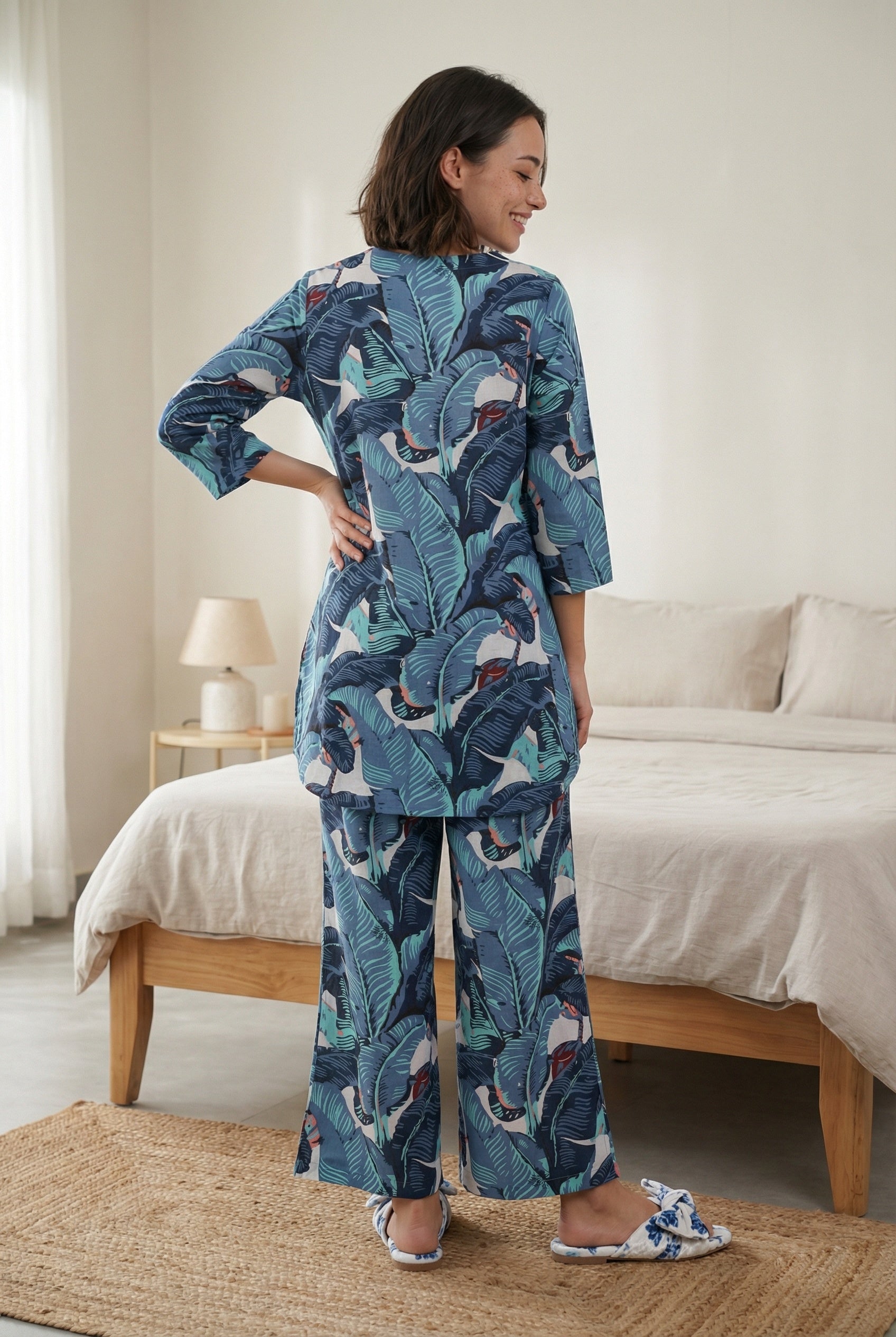 Blue Tropical Print Round Neck Pure Cotton Night Suit For Women