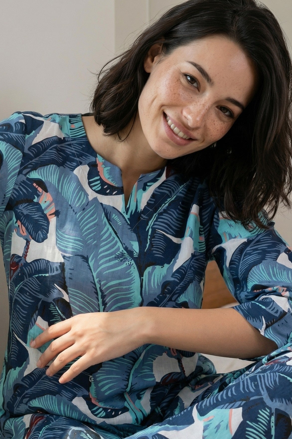 Blue Tropical Print Round Neck Pure Cotton Night Suit For Women