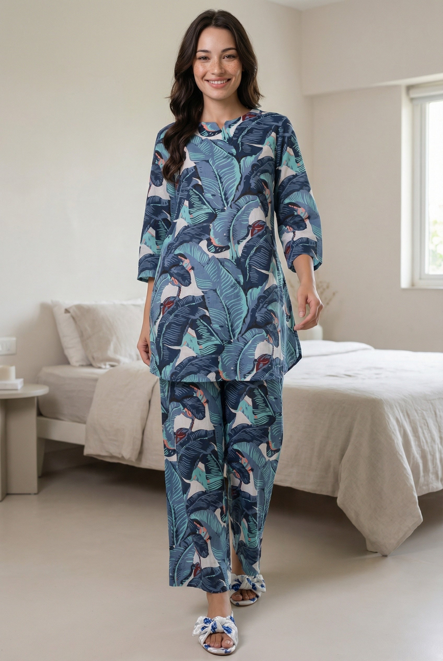 Blue Tropical Print Round Neck Pure Cotton Night Suit For Women