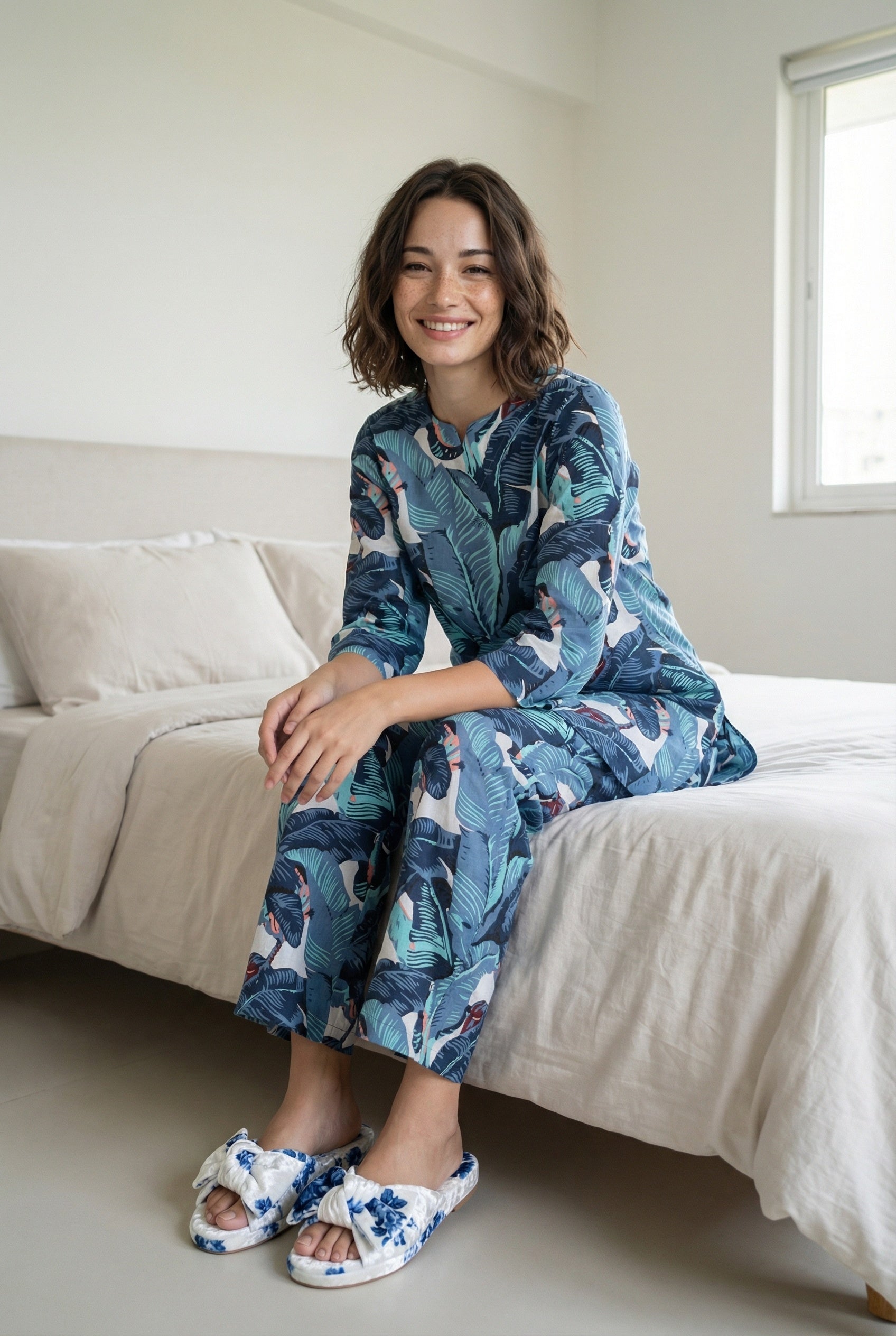 Blue Tropical Print Round Neck Pure Cotton Night Suit For Women