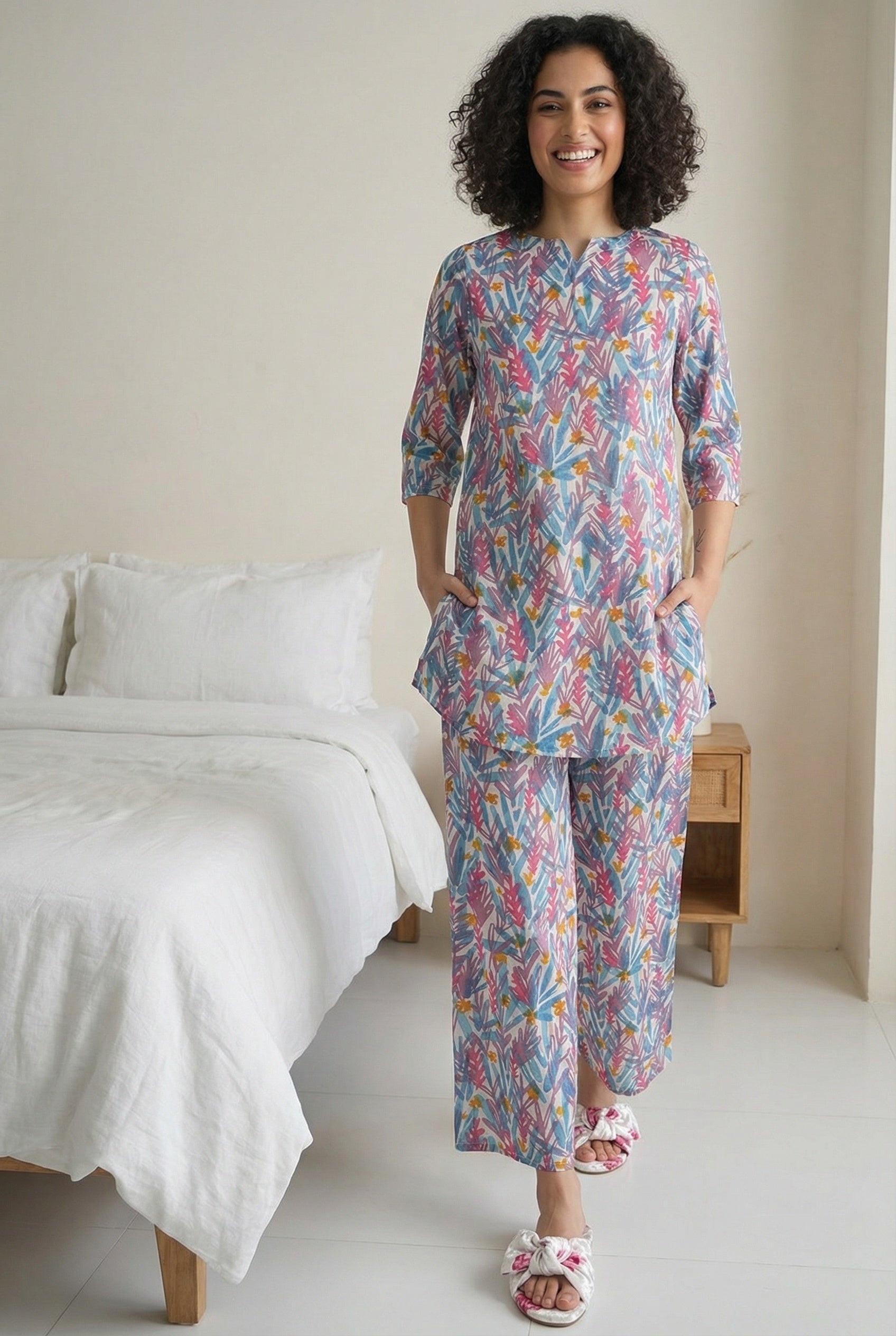 Blue Tropical Print Round Neck Cotton Night Suit For Women